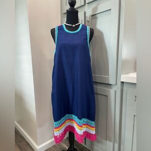 Anthropologie Blue Midi Dress with Pink and Yellow Accents